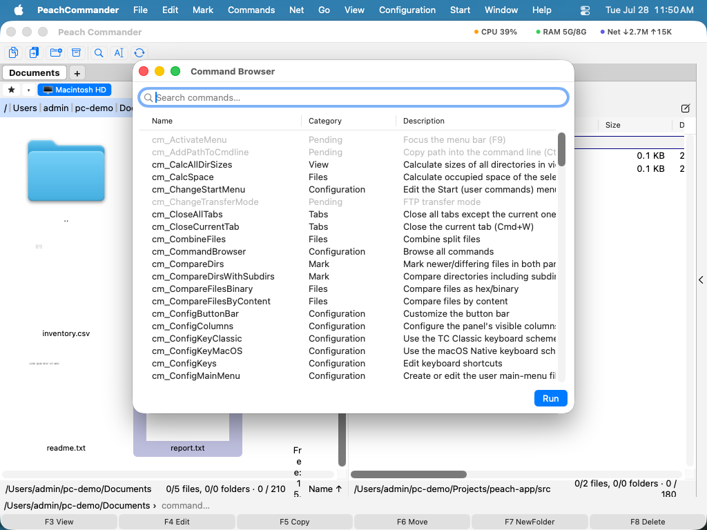 The command browser listing named commands
