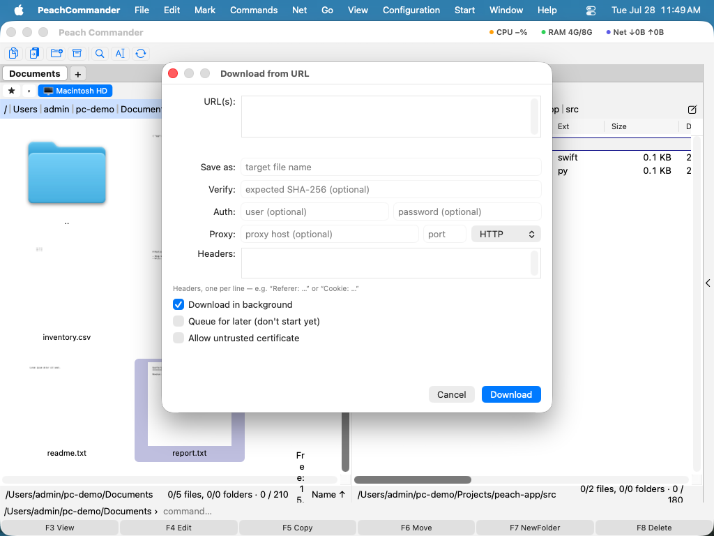The Download from URL dialog with a link, editable file name, and options