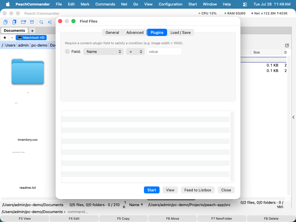 The Find Files window on the Plugins tab, showing a content-field condition