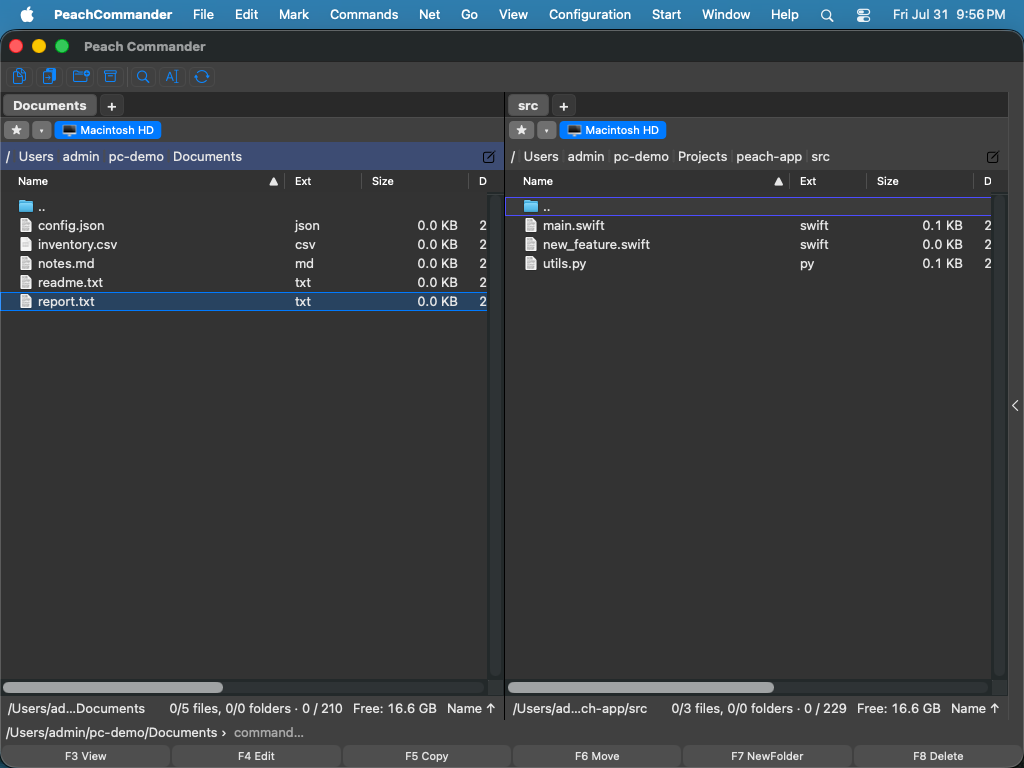 The dual-panel main window in dark mode