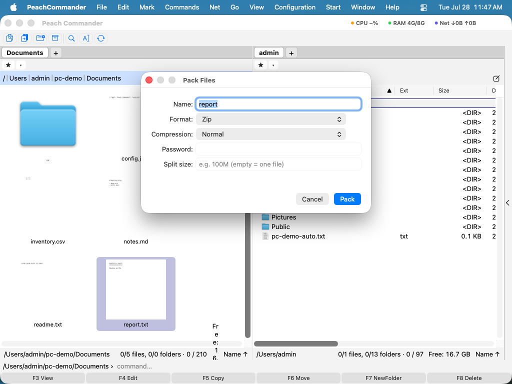The Pack dialog showing format, compression, encryption, and split options