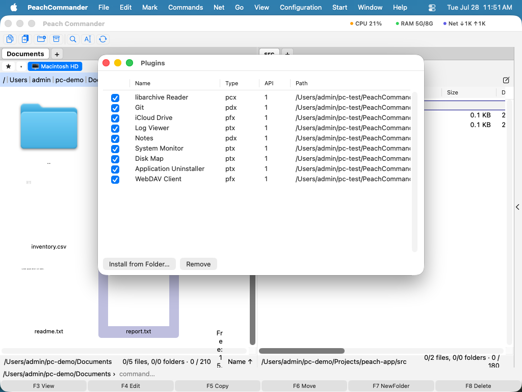 The plugins management window
