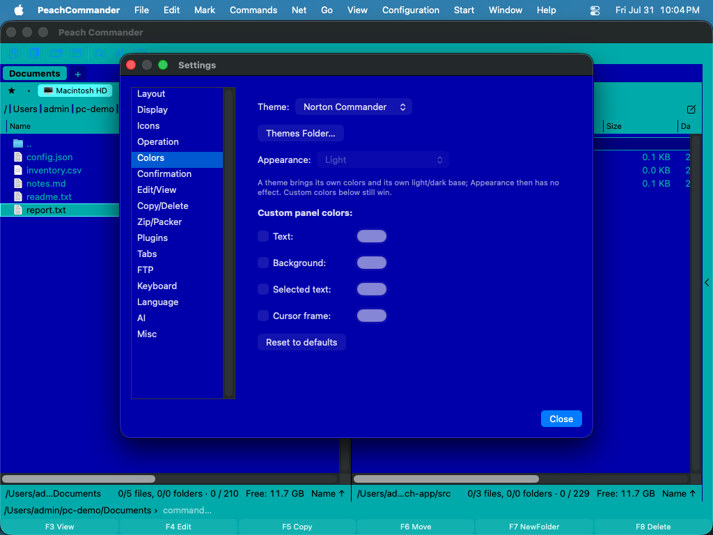 The Colors settings page in the Norton Commander palette