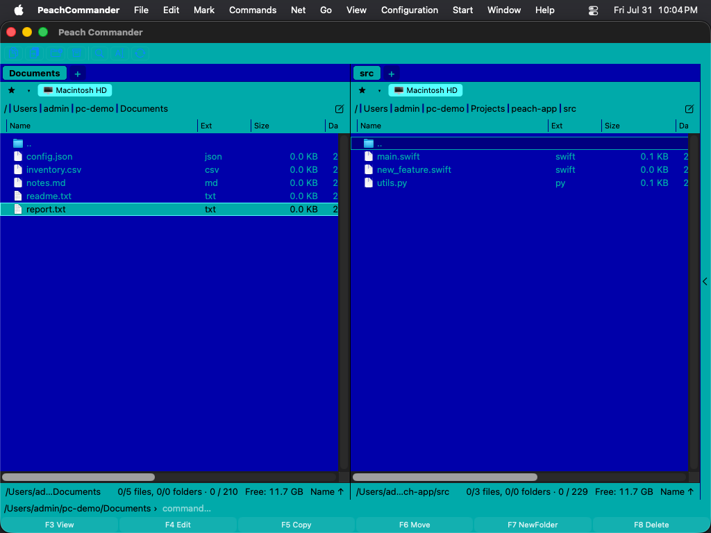 Peach Commander in the Norton Commander palette: blue panels with cyan file names