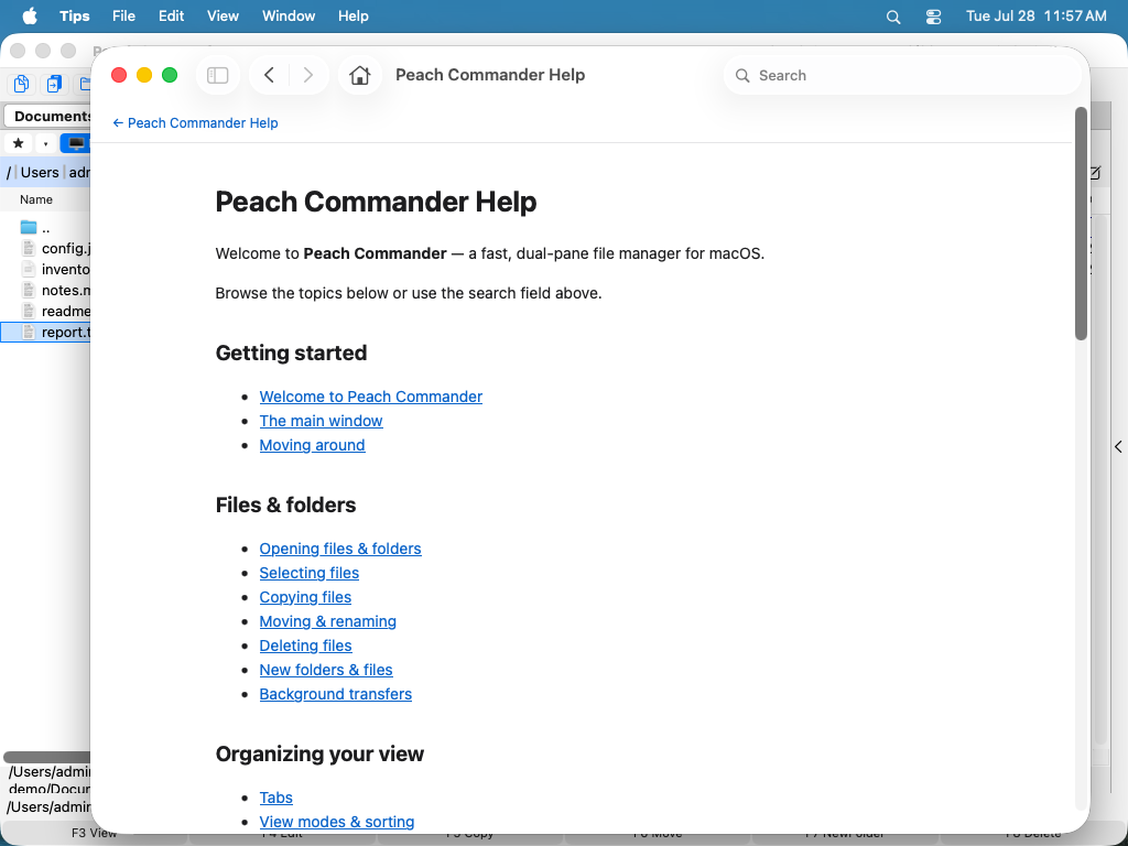 Nápověda Peach Commanderu otevřená v prohlížeči nápovědy macOS