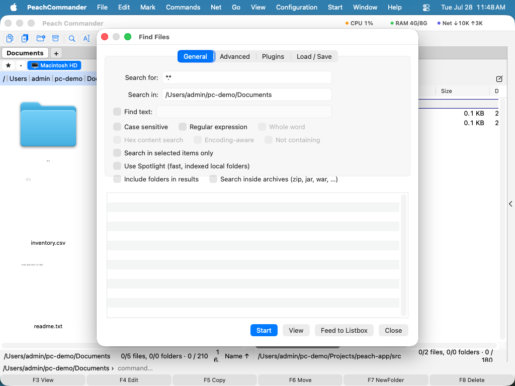 La fenêtre Rechercher des fichiers sur l'onglet Général, affichant le motif de nom, le dossier et la liste de résultats