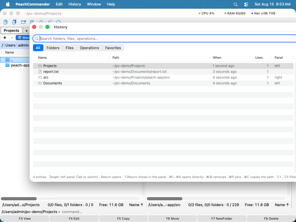 The global history window listing recently visited folders and opened files