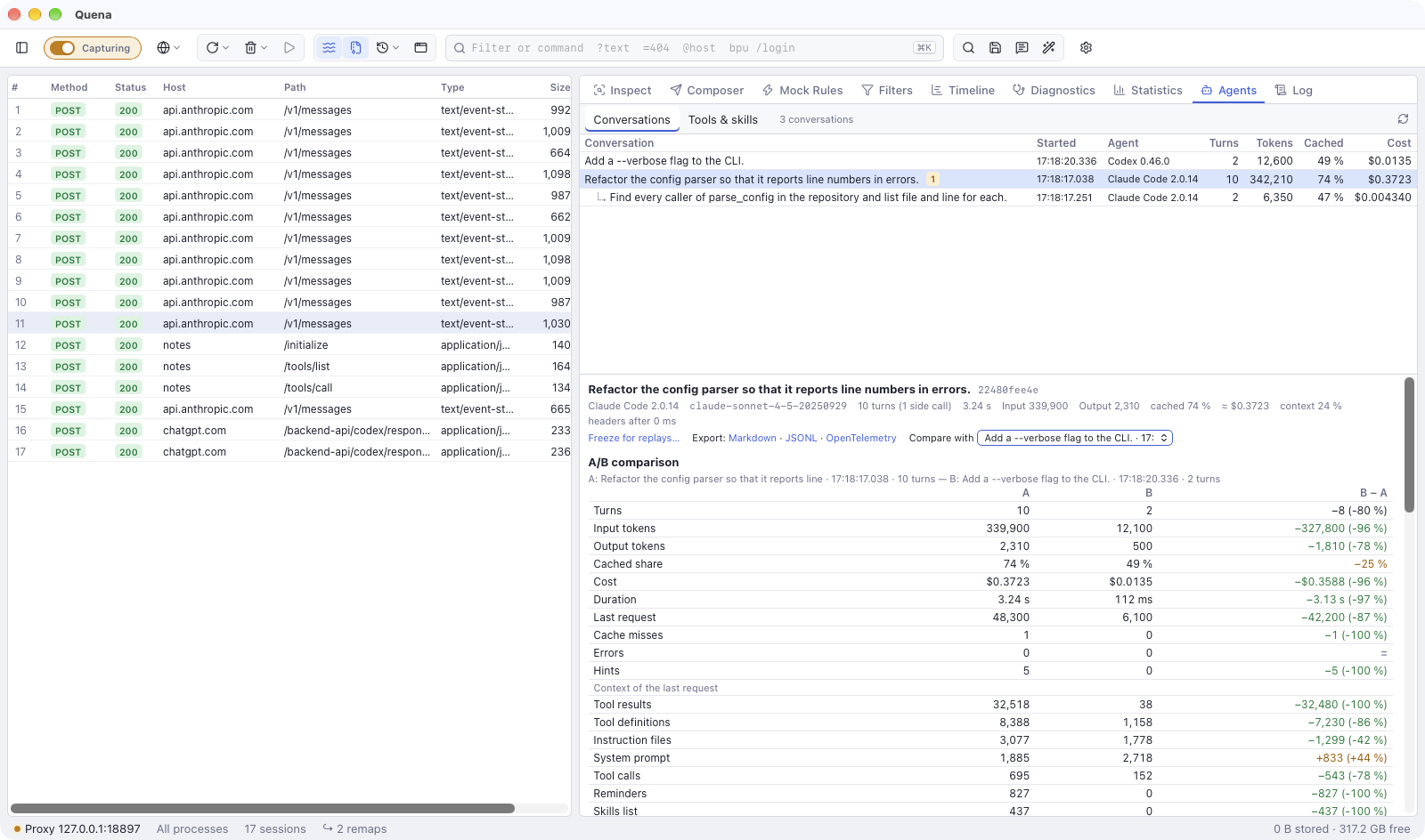 Two runs side by side: turns, tokens, cached share, cost, duration, cache misses and hints, then the context of the last request by category, with the differences coloured by which way is better