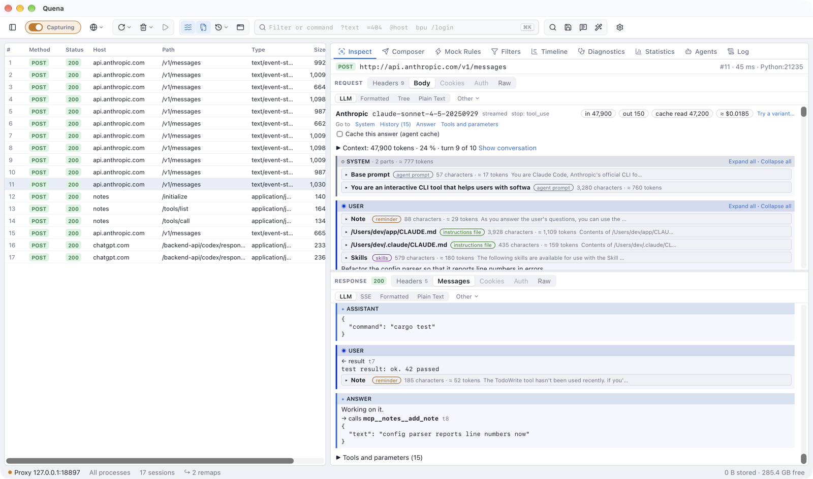 The LLM view of a Claude Code call: model, tokens and estimated cost, links to its parts, the system prompt and the first message taken apart into titled parts (base prompt, reminder, instruction files, skills), and the answer with its MCP tool call