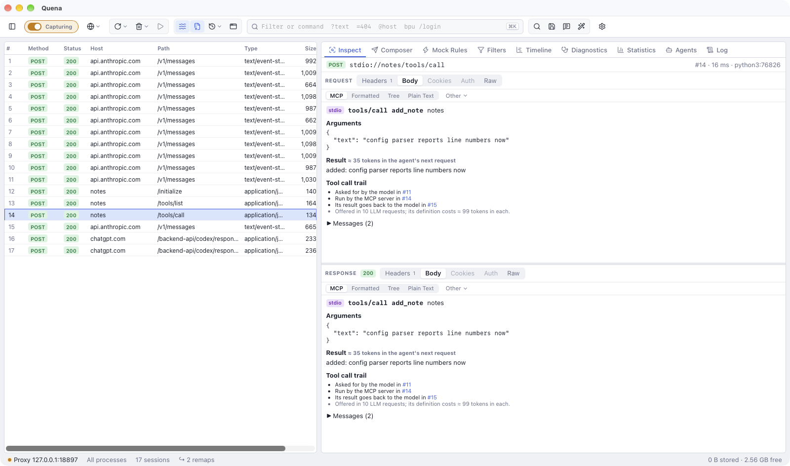 The MCP view of a tools/call over stdio: arguments, the result with the tokens it adds to the agent's next request, and the tool call trail from the LLM call that asked for it to the one that carries the result back