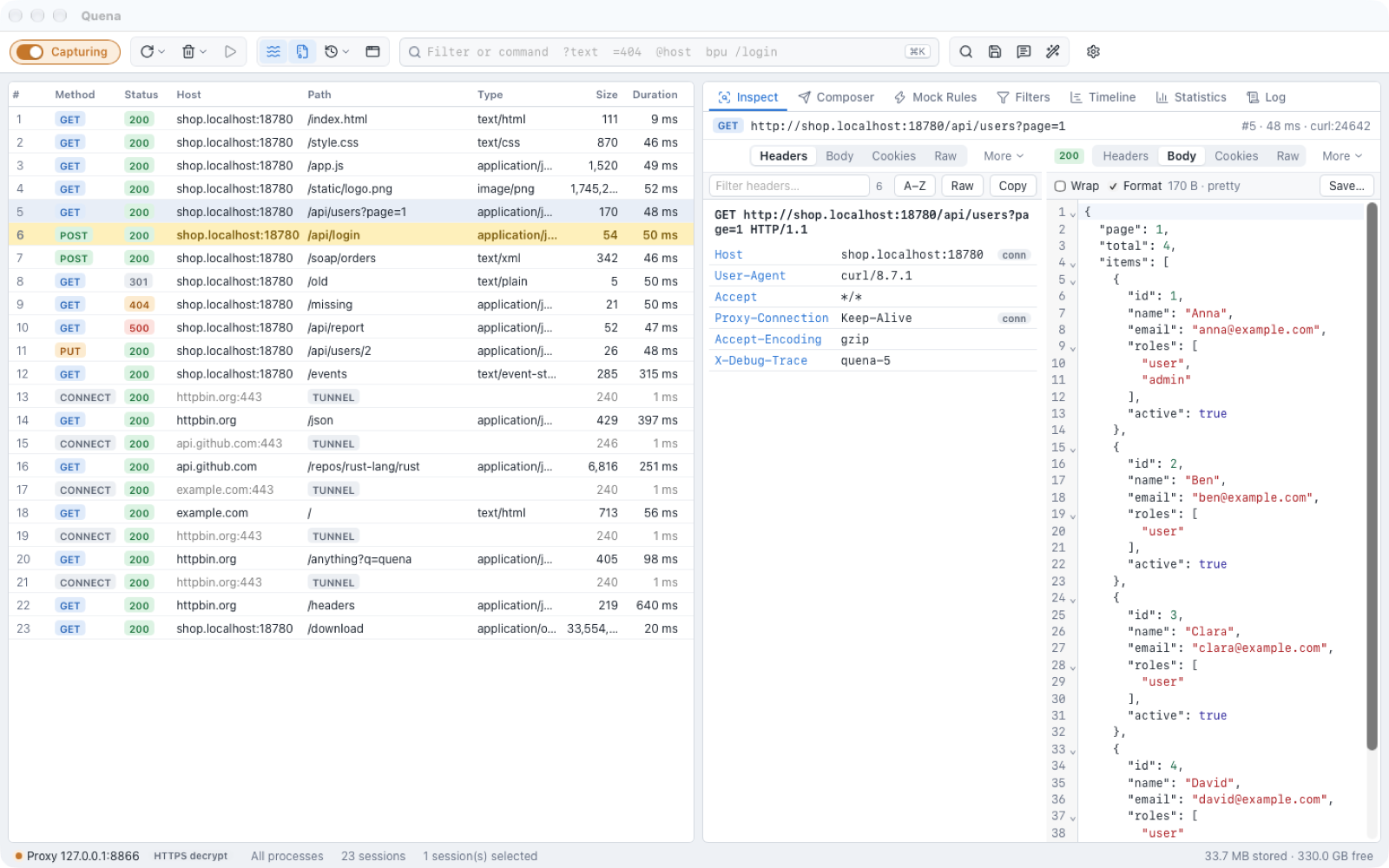 Quena main window: session list, request headers and pretty-printed JSON response side by side