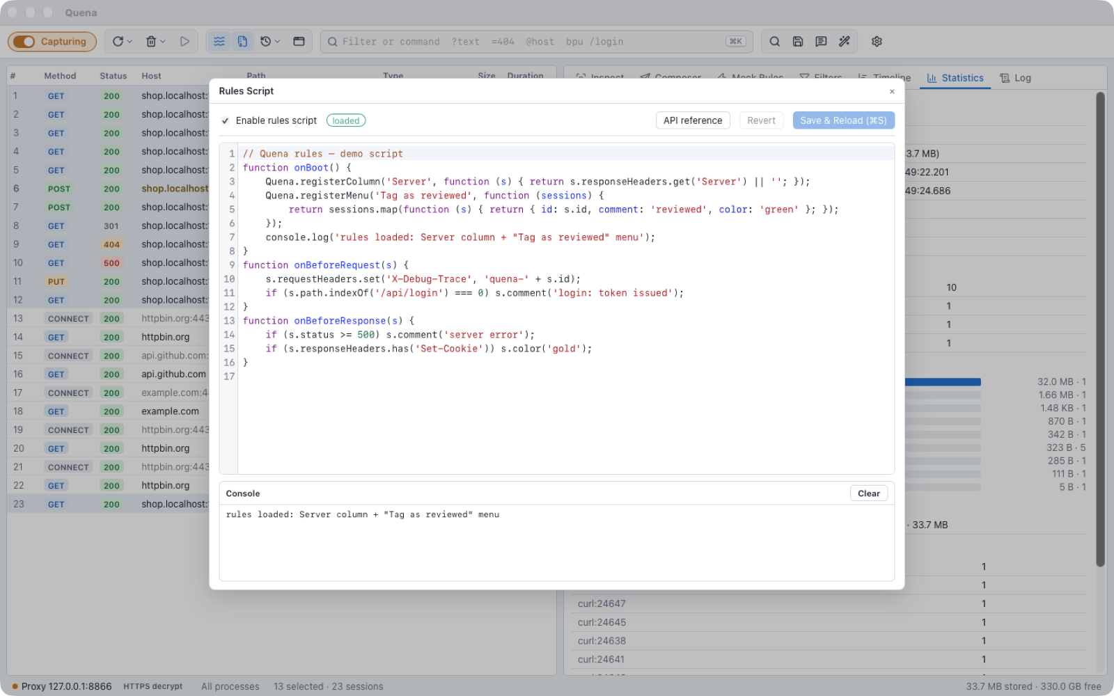 Rules Script editor with a JavaScript rules script and its console output