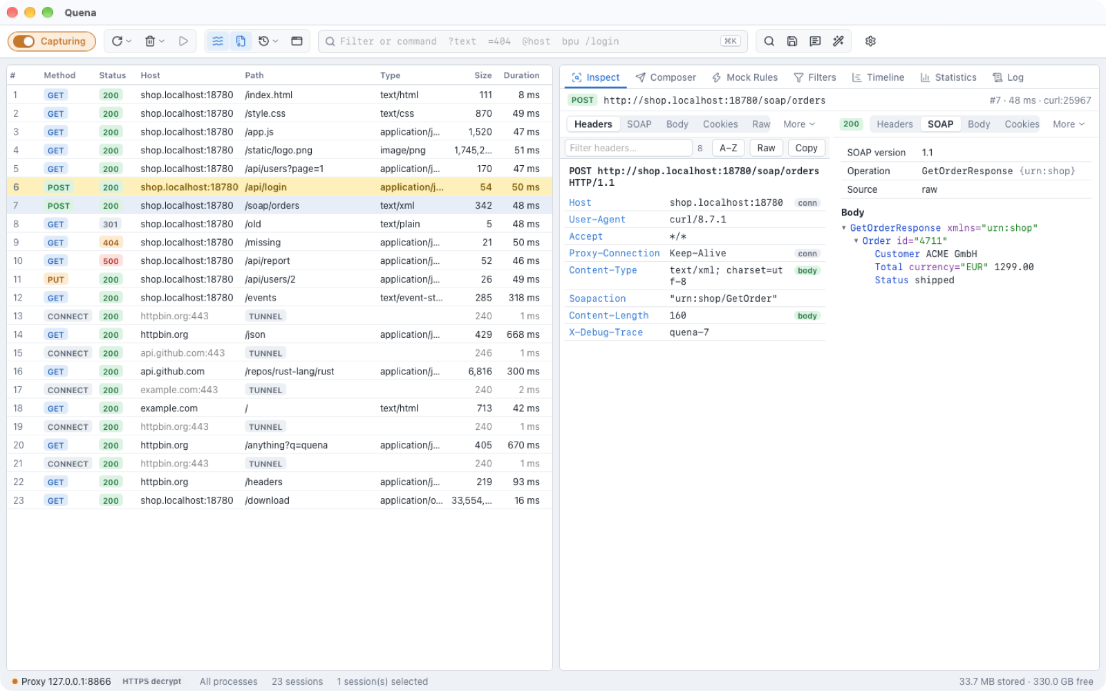 SOAP request: header table with topic tags and the SOAP inspector showing the parsed response