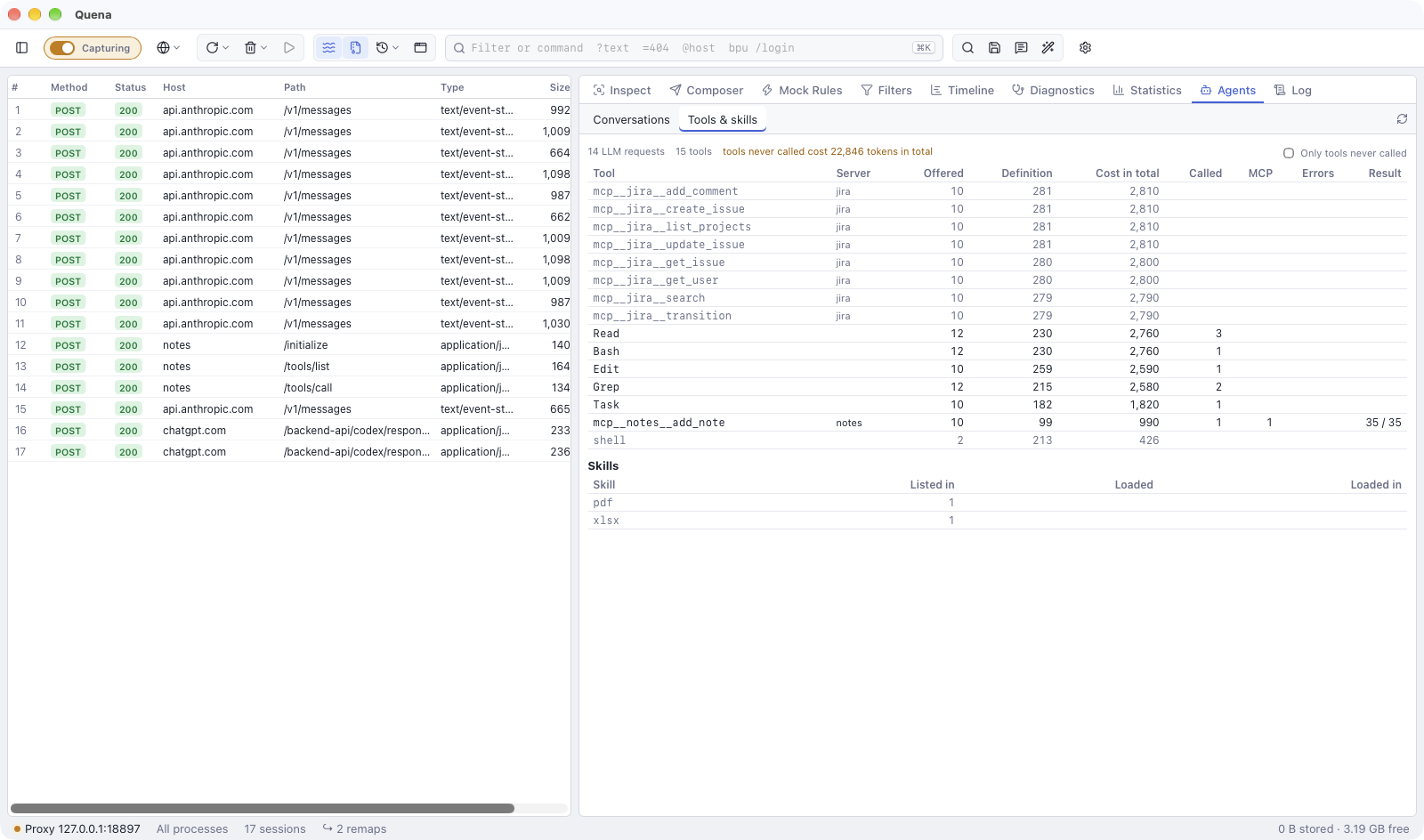 Tools & skills: each tool with the requests that offer it, what its definition costs, how often it was called, MCP exchanges and result tokens; the Jira tools were offered ten times and never called